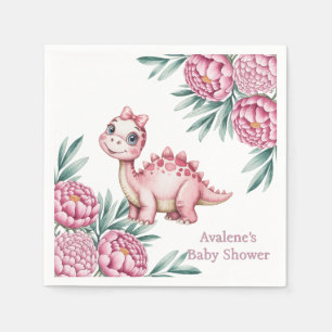 Cute Pink Dinosaur and Peony Baby Shower Napkins