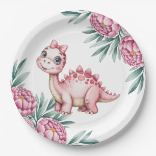 Cute Pink Dinosaur and pink Baby Shower Paper Plates
