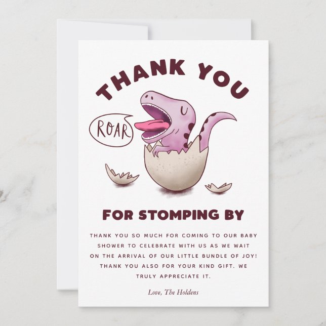 Cute Pink Dinosaur Baby Shower T-Rex Thank You Card (Front)