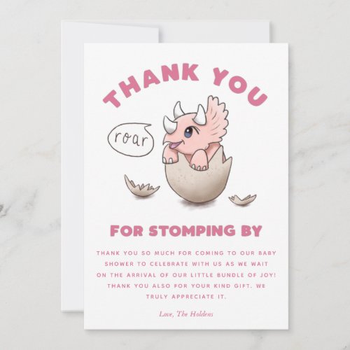 Cute Pink Dinosaur Baby Shower Triceratops Thank You Card
