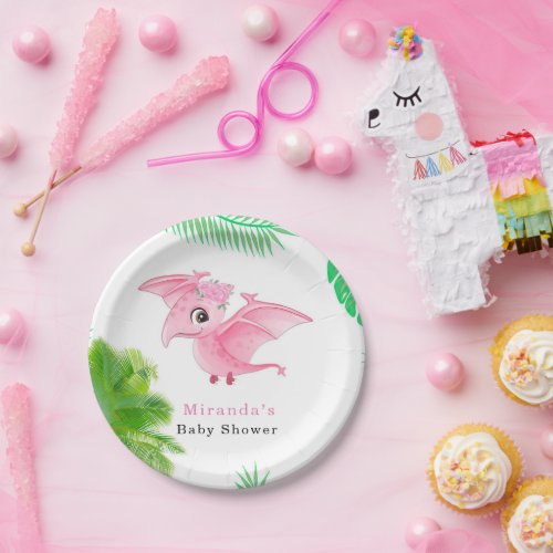 Cute Pink Dinosaur Bird Tropical Girl Baby Shower  Paper Plates