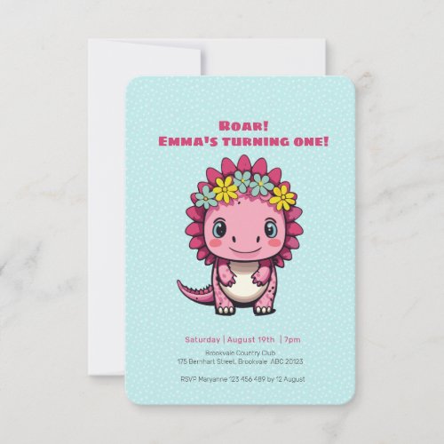 Cute Pink Dinosaur Birthday Invitation