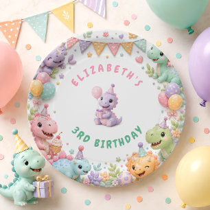 Cute Pink Dinosaur Birthday Party Paper Plates