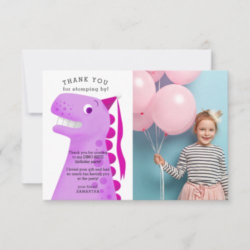 Cute Pink Dinosaur Birthday Party Photo Thank You Card