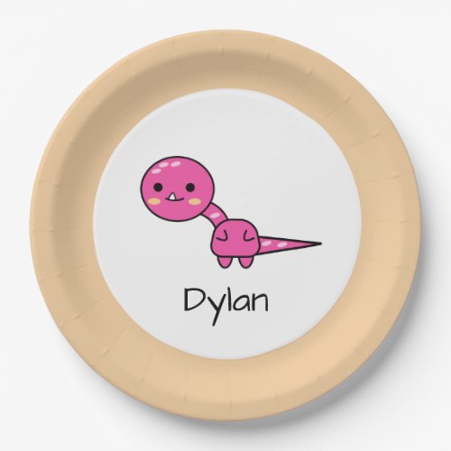 Cute Pink Dinosaur Cartoon Birthday Paper Plates