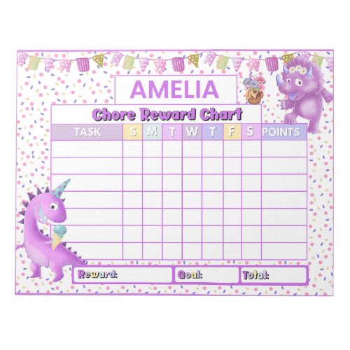 Cute Pink Dinosaur Chore Reward Chart Personalized Notepad