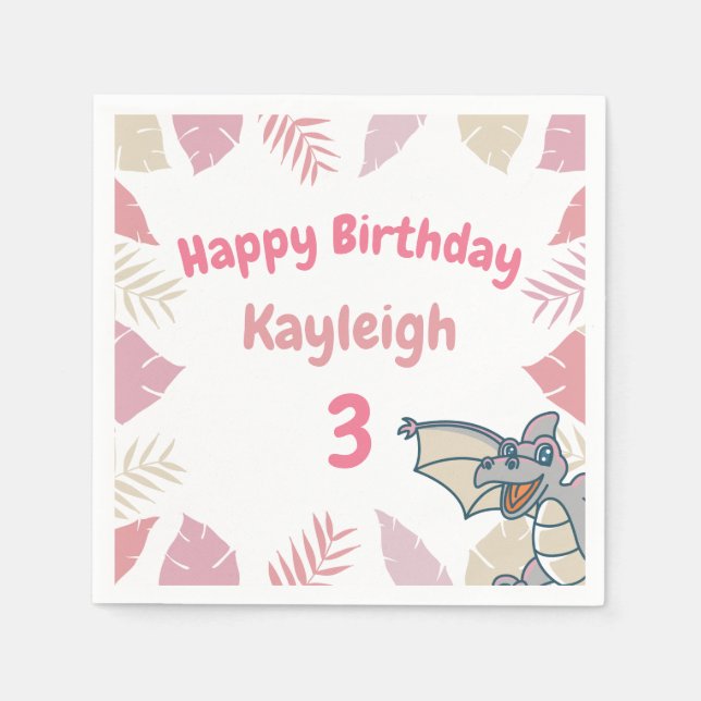Cute Pink Dinosaur Dragon Birthday Napkins (Front)