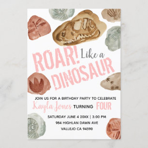 Cute pink dinosaur fossil birthday invitation