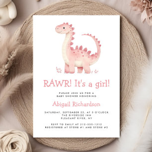 Cute Pink Dinosaur Girl Baby Shower Invitation