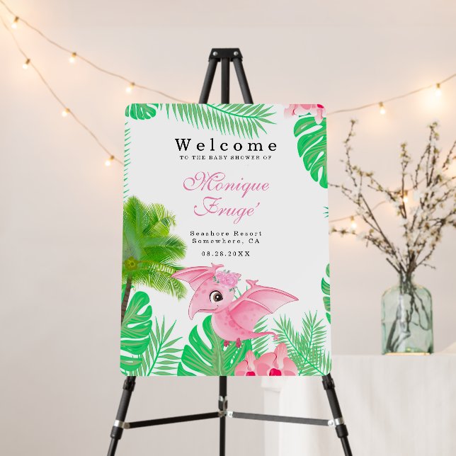 Cute Pink Dinosaur Girl Baby Shower Welcome Sign (In Situ (Stand))