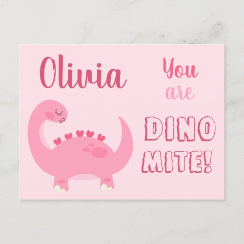Cute pink dinosaur girl Valentines Day Dino_Mite Postcard