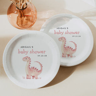 Cute Pink Dinosaur Girls Baby Shower Paper Plates