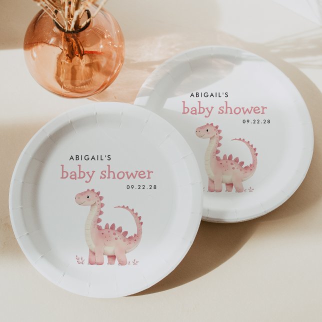 Cute Pink Dinosaur Girls Baby Shower Paper Plates (Creator Uploaded)