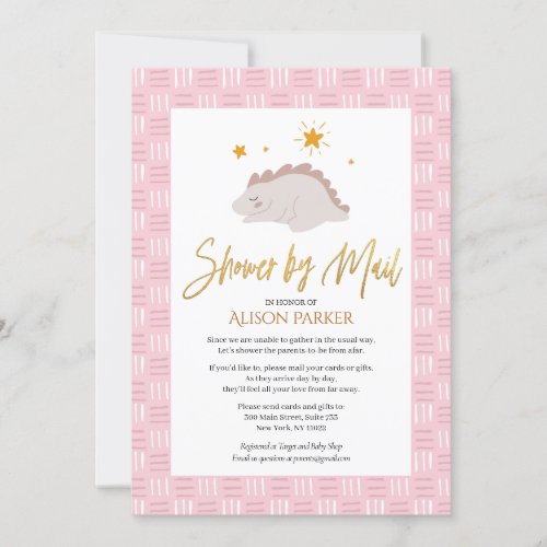 Cute Pink Dinosaur Gold Script Shower By Mail Invitation