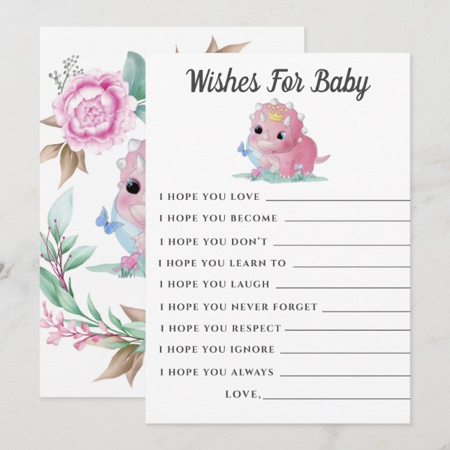 Cute Pink Dinosaur Peony Wishes Baby Shower Card (Front/Back)