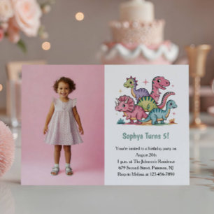 Cute Pink Dinosaur Photo Kids Birthday Party Invitation