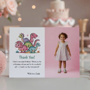 Cute Pink Dinosaur Photo Kids Birthday Party Thank You Card