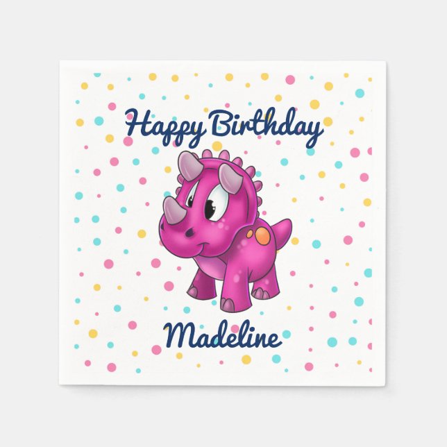 Cute Pink Dinosaur Polkadot Party Napkins (Front)