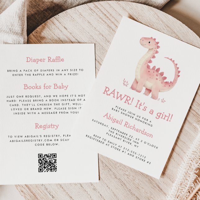 Cute Pink Dinosaur QR Code Girl Baby Shower Invitation (Creator Uploaded)