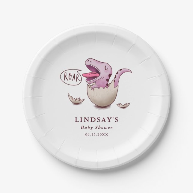 Cute Pink Dinosaur ROAR Baby Shower Paper Plates (Front)