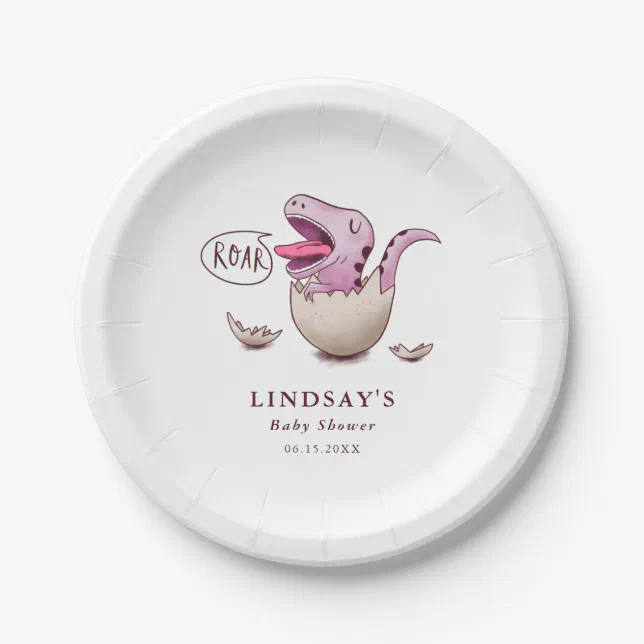 Cute Pink Dinosaur ROAR Baby Shower Paper Plates | Zazzle