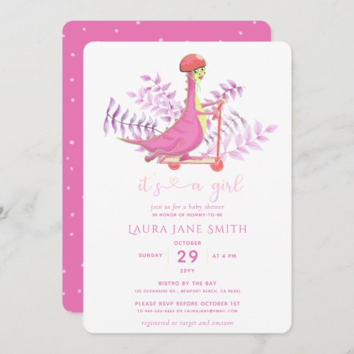 Cute Pink Dinosaur Scooter Girl Baby Shower Party Invitation