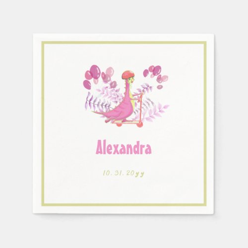 Cute Pink Dinosaur Scooter Girl Balloons Party Napkins