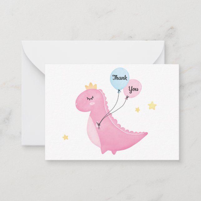 Cute Pink Dinosaur Thank You Note Card (Front)