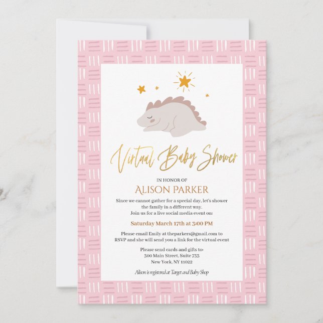 Cute Pink Dinosaur Virtual Baby Shower Invitation (Front)