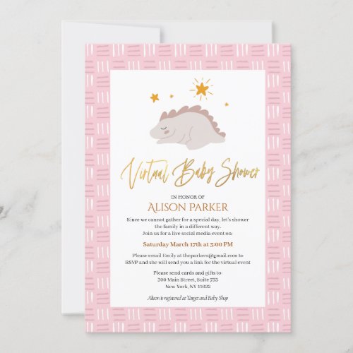 Cute Pink Dinosaur with Stars Virtual Baby Shower Invitation