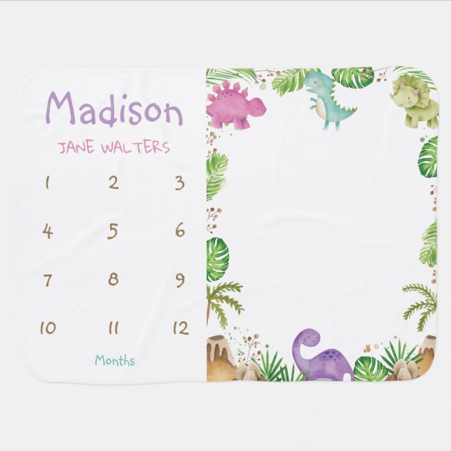 Cute Pink Dinosaurs Baby Girl Monthly Milestone Blanket (Horizontal)
