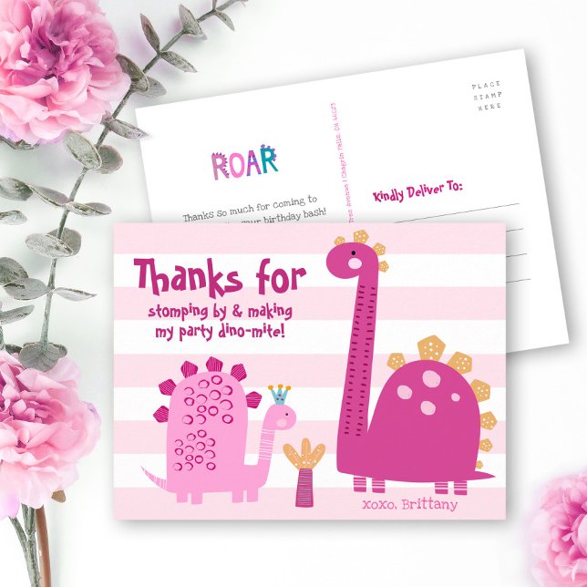 Cute Pink Dinosaurs Kawaii Girl Birthday Thank You Postcard (Creator Uploaded)