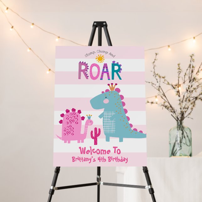 Cute Pink Dinosaurs Kawaii Girl Birthday Welcome Foam Board (In Situ (Stand))