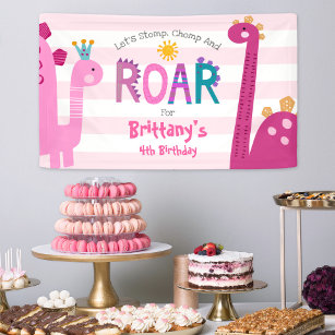 Cute Pink Dinosaurs Stomp Chomp Roar Girl Birthday Banner