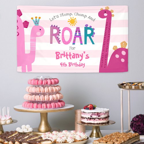 Cute Pink Dinosaurs Stomp Chomp Roar Girl Birthday Banner