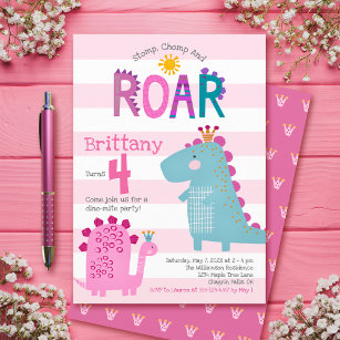 Cute Pink Dinosaurs Stomp Chomp Roar Girl Birthday Invitation