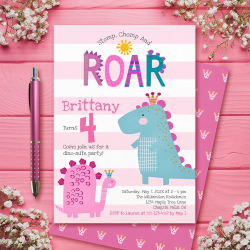Cute Pink Dinosaurs Stomp Chomp Roar Girl Birthday Invitation