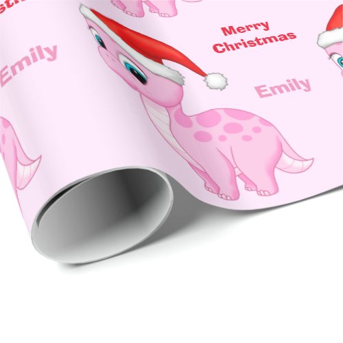 Cute Pink Dinosour with Santa Hat Wrapping Paper