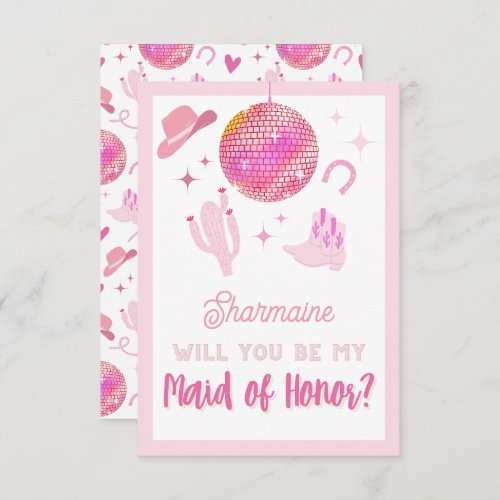 Cute Pink Disco Cowgirl Rodeo Be my Maid of Honor Enclosure Card
