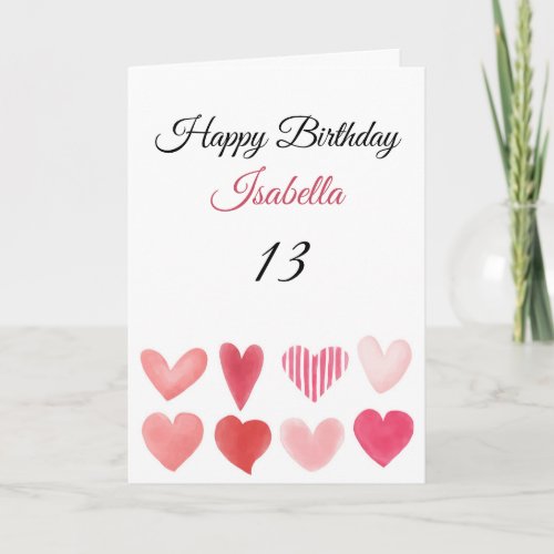 Cute Pink Diverse Watercolor Hearts 13th Birthday Card