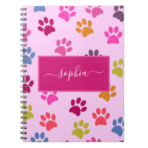 Cute Pink Dog and Cat Lovers Paw Prints Name Notebook