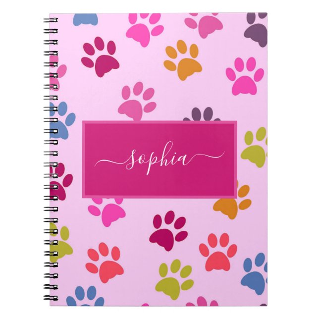 Cute Pink Dog and Cat Lovers Paw Prints Name Notebook (Front)