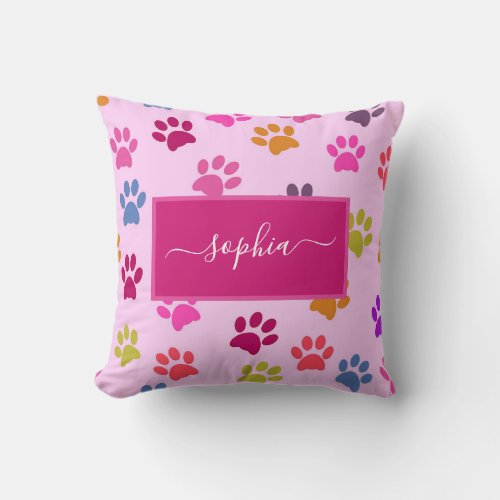 Cute Pink Dog and Cat Lovers Paw Prints Name Throw Pillow