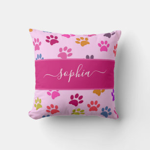 Cute Pink Dog and Cat Lovers Paw Prints Name Throw Throw Pillow