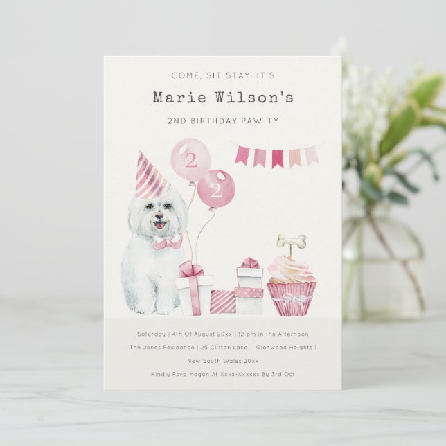 Cute Pink Dog Any Age Birthday Party Invite  (Standing Front)