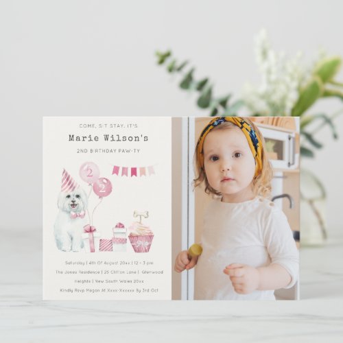 Cute Pink Dog Any Age Birthday Photo Party Invite 
