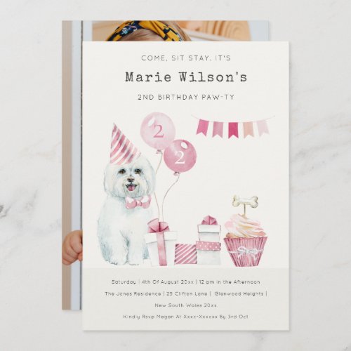 Cute Pink Dog Any Age Birthday Photo Party Invite 