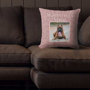 Cute Pink Dog Custom Pet Photo Name Bones Throw Pillow