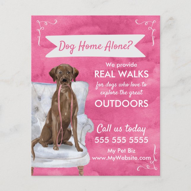Cute Pink Dog Walker Flyer with Swirls and Banner (Front)