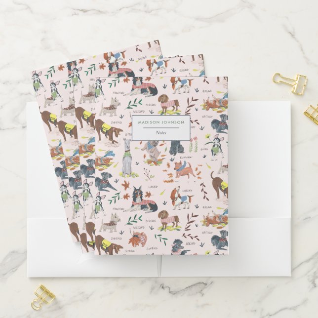 Cute pink dogs pattern monogram notebook pocket folder (In Situ)